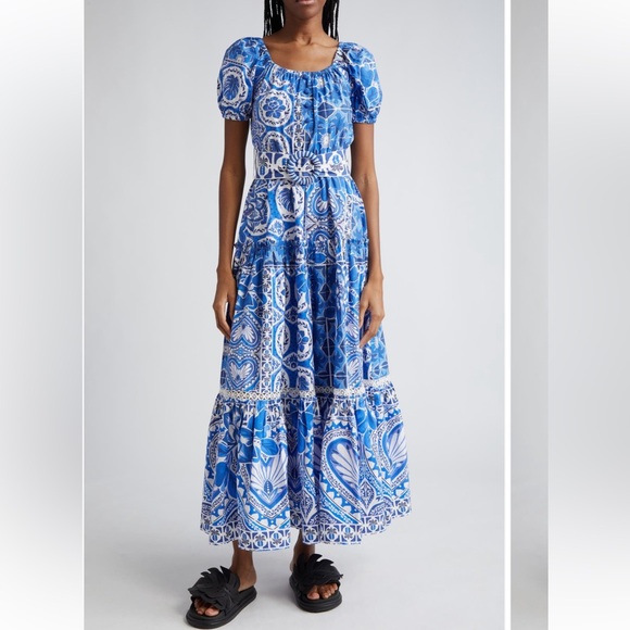 FARM Rio Blue and White Tiered Maxi Dress with Puff Sleeves - Picture 1 of 10